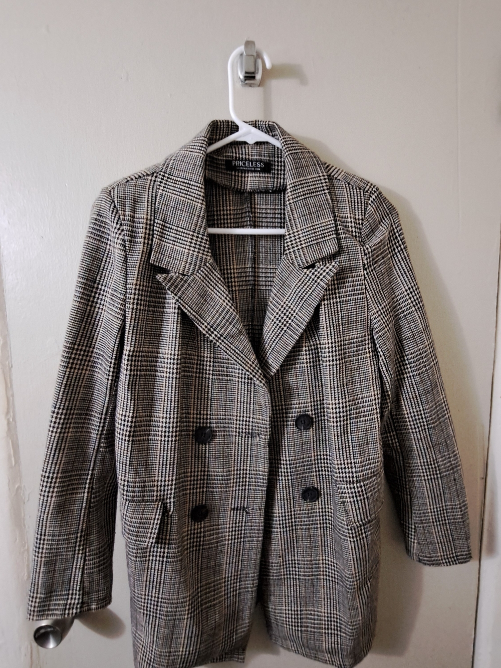 Priceless Women's Black & Cream Plaid Double-Breasted Blazer